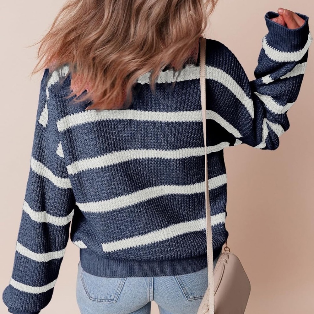 Navy and White Striped Turtleneck Sweater - Picture 2 of 4